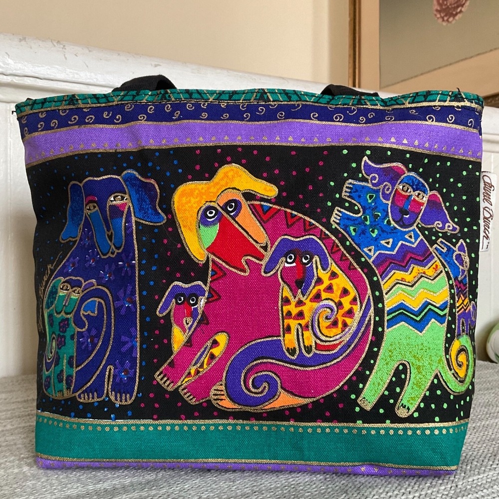Dogs & Doggies Laurel Burch Small Canvas‎ Purse Tote Multicolor Handbag NWT